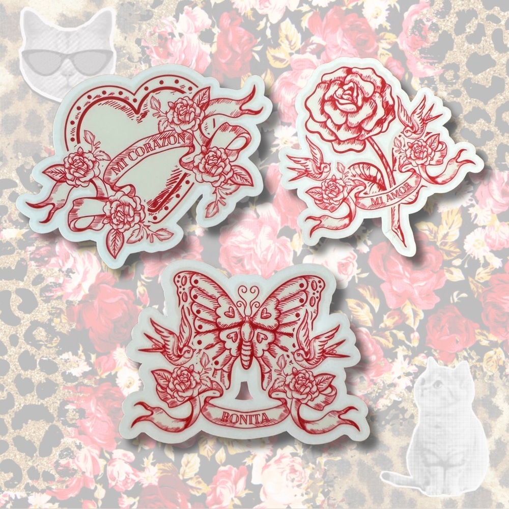 Set of 3 handmade custome stickers featuring traditional flash tattoo-style ❤️‍🔥